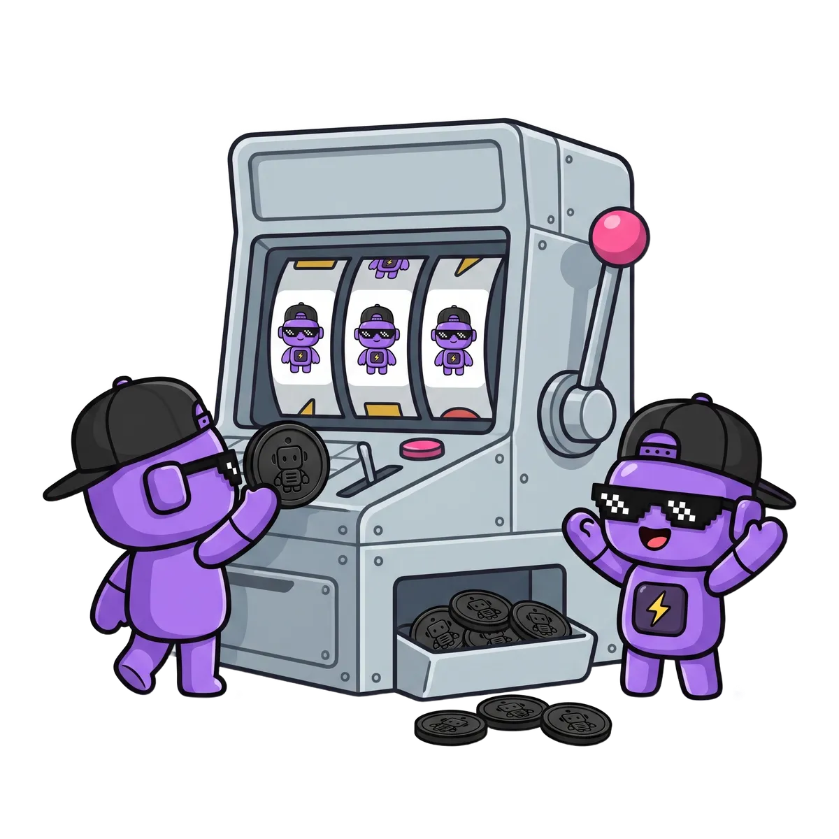 Two DeBots at a slot machine paying out Bot tickets